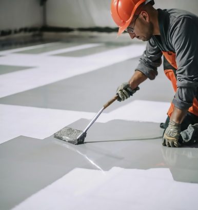 laborer-covers-new-floor-with-gray-epoxy-glue